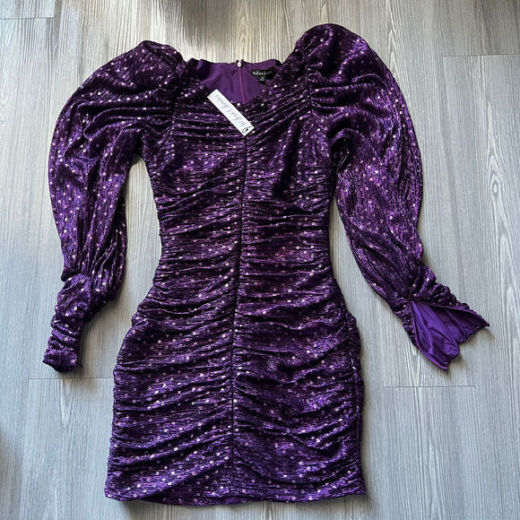 For Love And Lemons Dress Extra Small La Villette Polkadot Mini Ruched Purple - Picture 1 of 14